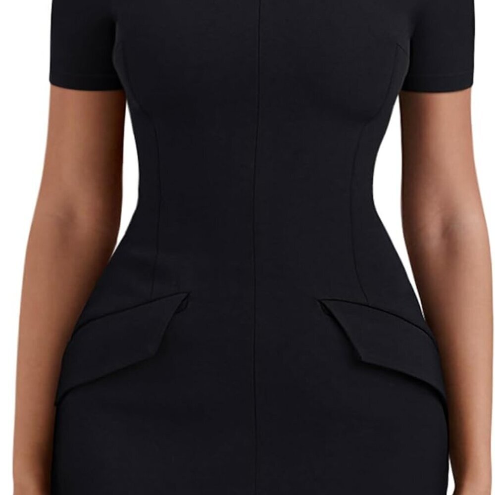 Women's Short Sleeve Mock Turtle Neck Bodycon Mini Dress Zipper Pockets